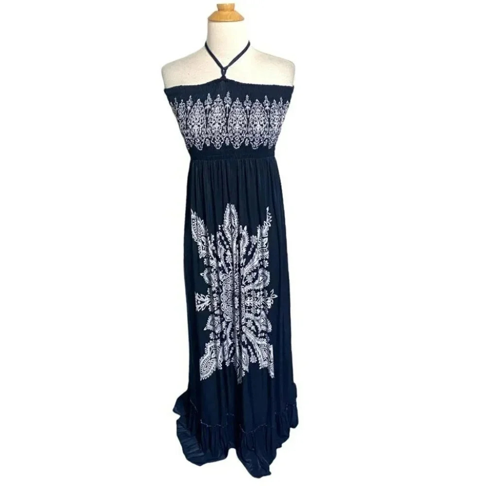 Cristinalove Maxi Dress M Navy Blue White Paisley Smocked Halter Boho Ruffle